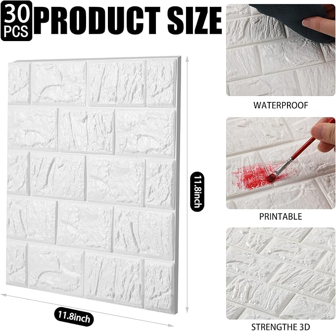 30 Pcs 3D Wall Panels Peel and Stick Wallpaper Foam, White | Faux Brick Stone Tiles, Covering 28.8-48.4 Sq ft, Self Adhesive Waterproof Panels for Bedroom Living Room Kitchen Walls