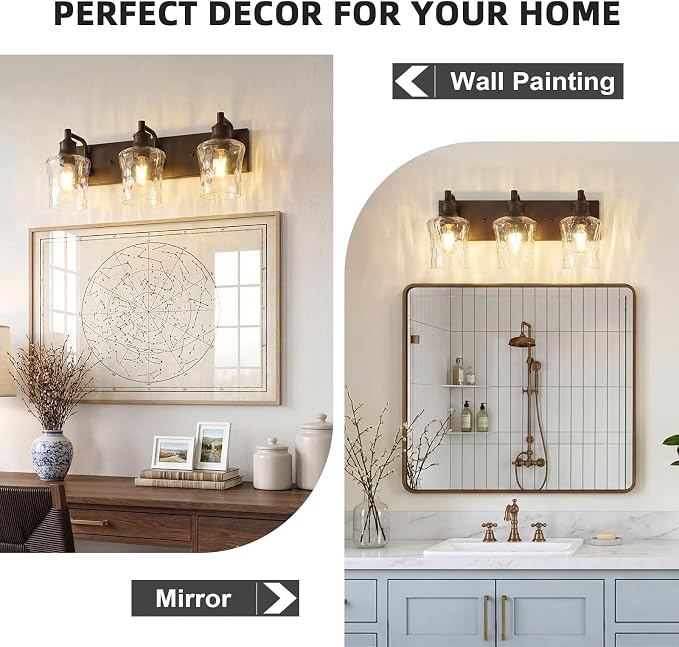 Bathroom Light Fixtures Farmhouse Oil Rubbed Bronze Vanity Lights for Bathroom Lighting Fixtures Over Mirror with Hammered Glass Lampshade for Cabinet Mirror Bedroom Hallway 3 Light