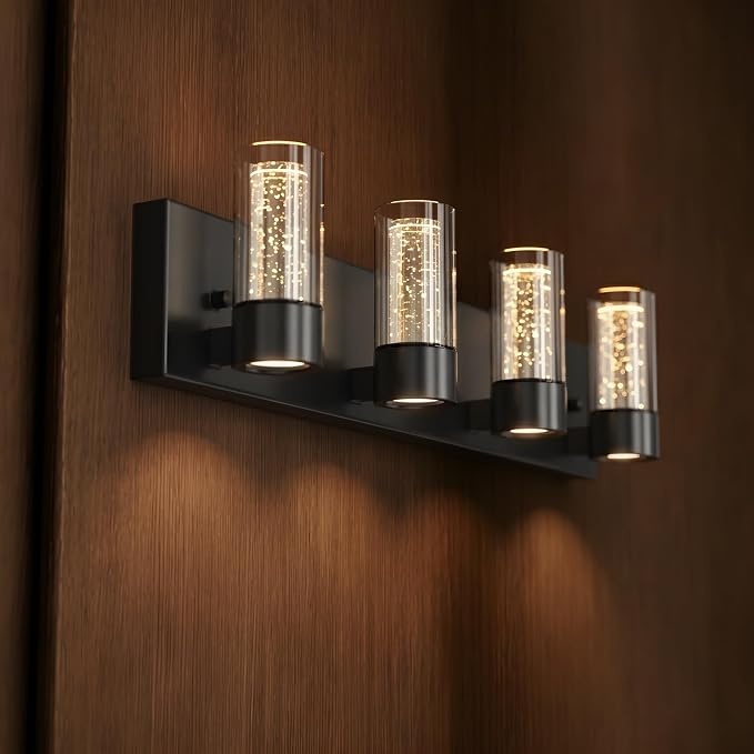 Alice Modern 4-Light Vanity Light Fixture, Integrated Led and Premium Bubble Glass, for Bathroom, Hallway, Entryway, Kitchen, Mirror, Laundry Room (Black)