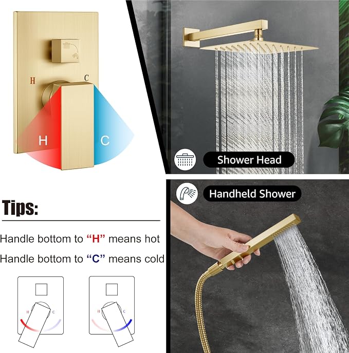 Midanya Shower Faucet Set with Handheld Sprayer,12 Inch,Brushed Gold | Rough-in Shower Valve and Trim Kit Included,Square Rain Head,Wall Mount Shower System,All Metal,Bathroom
