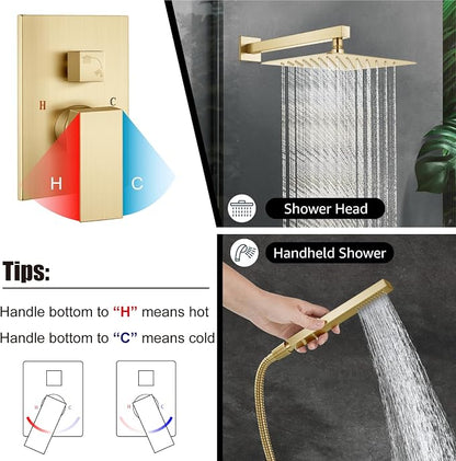 Midanya Shower Faucet Set with Handheld Sprayer,12 Inch,Brushed Gold | Rough-in Shower Valve and Trim Kit Included,Square Rain Head,Wall Mount Shower System,All Metal,Bathroom