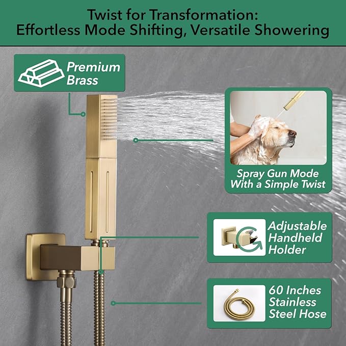 VANFOXLE Shower Faucet Set Brushed Rose Gold Four Modes Shower System,Shower Faucet with 2 in 1 Handheld,Ceiling Mount 16 Inch LED Shower Head(Rain and Waterfall)+6 Inch Shower Head