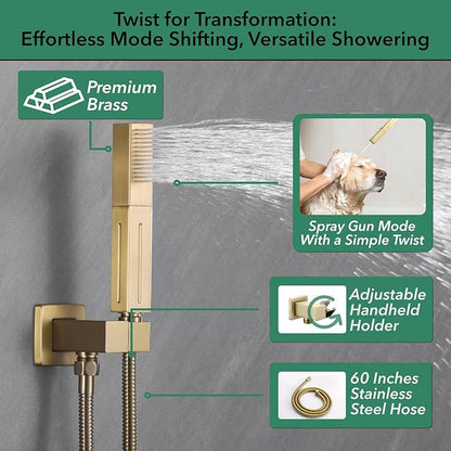VANFOXLE Shower Faucet Set Brushed Rose Gold Four Modes Shower System,Shower Faucet with 2 in 1 Handheld,Ceiling Mount 16 Inch LED Shower Head(Rain and Waterfall)+6 Inch Shower Head