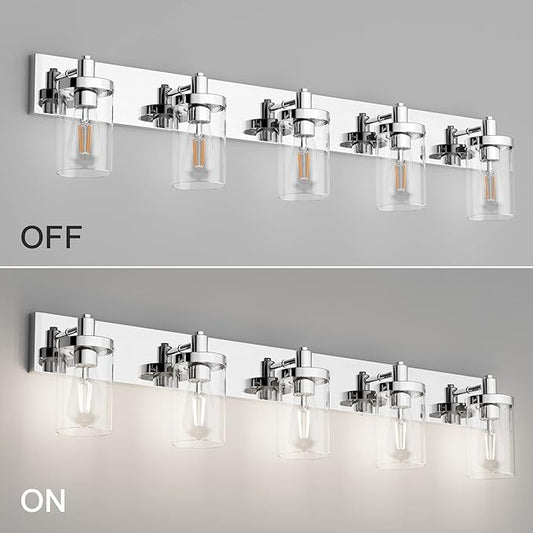Aipsun Chrome Bathroom Light Fixtures 5 Light Bathroom Vanity Light Stainless Steel with Clear Glass Shade(Exclude Bulb)