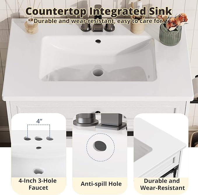 IRONCK 30" Bathroom Vanity with Sink, Farmhouse Bathroom Sink Cabinet with Flip Drawer & Sliding Barn Door, Freestanding Bathroom Vanities with Metal Handles, Paper Towel Holder,White