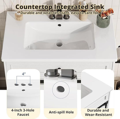 IRONCK 30" Bathroom Vanity with Sink, Farmhouse Bathroom Sink Cabinet with Flip Drawer & Sliding Barn Door, Freestanding Bathroom Vanities with Metal Handles, Paper Towel Holder,White