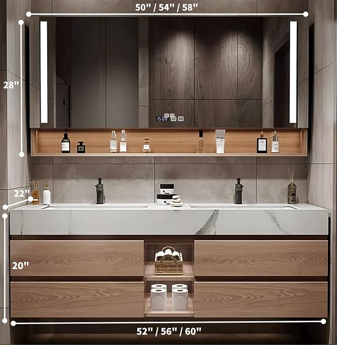 60IN Double Bathroom Vanity with Sink, Bathroom Vanities Cabinet Include LED Smart Defogging Mirror and Open Shelf, Solid Wood Bath Sink Vanity with Integrated Sink and Drawers Storage (Wood)