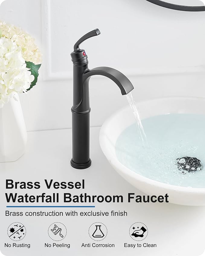 Waterfall Vessel Faucet, Tall Bathroom Faucet Black, Brass Vessel Sink Faucets Bathroom Sink Faucet One Hole Single Handle with Supply Hoses Pop-up Drain