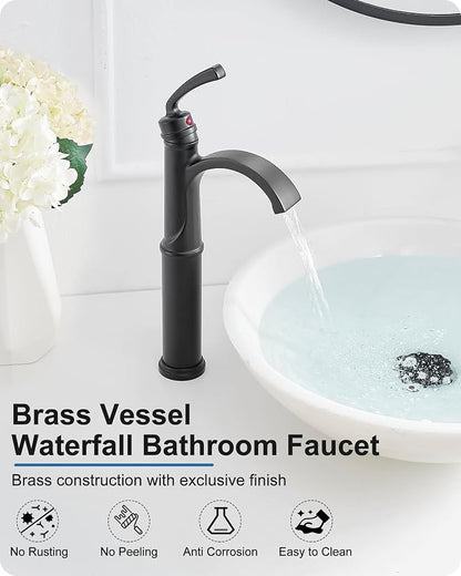 Waterfall Vessel Faucet, Tall Bathroom Faucet Black, Brass Vessel Sink Faucets Bathroom Sink Faucet One Hole Single Handle with Supply Hoses Pop-up Drain
