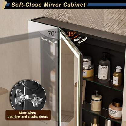 40*28 inch Three-door Aluminum LED Lighted Bathroom Medicine Mirror Cabinet | Light Adjustable, Sockets & USBs inside, Anti-Fog, Easy to Install