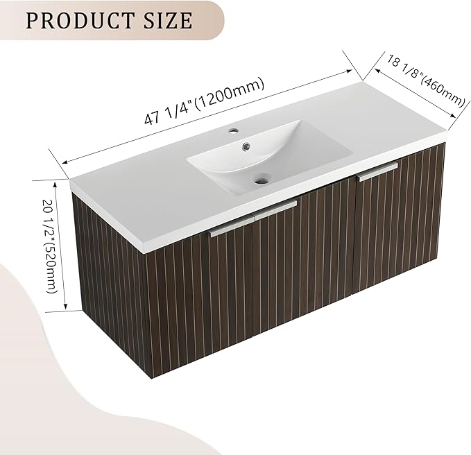 SSLine Wall Mounted Bathroom Vanity with Sink Combo Modern 48-Inch Single Bathroom Vanity Set with Top Basin &Storage Cabinet Wood Hanging Bath Cabinet w/Resin Sink(Dark Brown Stripe)
