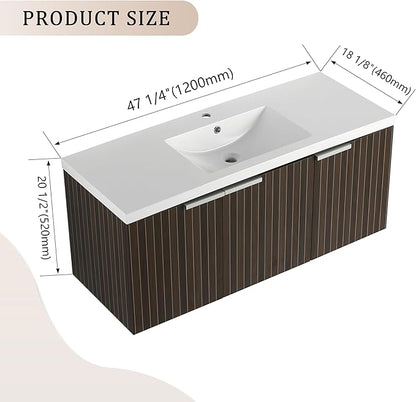 SSLine Wall Mounted Bathroom Vanity with Sink Combo Modern 48-Inch Single Bathroom Vanity Set with Top Basin &Storage Cabinet Wood Hanging Bath Cabinet w/Resin Sink(Dark Brown Stripe)