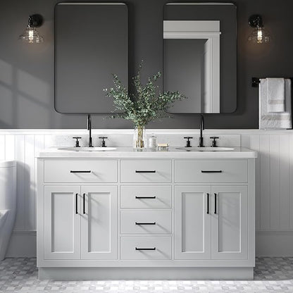 ARIEL Hepburn 60-inch Bathroom Vanity with Sink,Solid Wood, 1.5-inch Carrara White Quartz Countertop & Backsplash, Double Oval Porcelain Sink, 4 Soft Closing Doors, 6 Dovetail Drawers, Grey