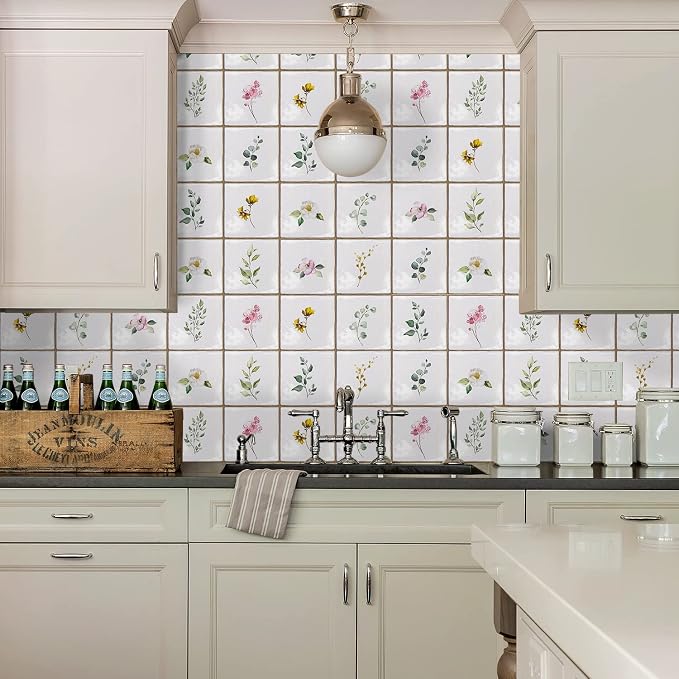 Alwayspon Vinyl Sticker Peel and Stick, Self-Adhesive Wall Tile Transfers Backsplash Sticker Decal for Kitchen Bathroom, 6x6inch/15x15cm 30Pcs, Leaves T031