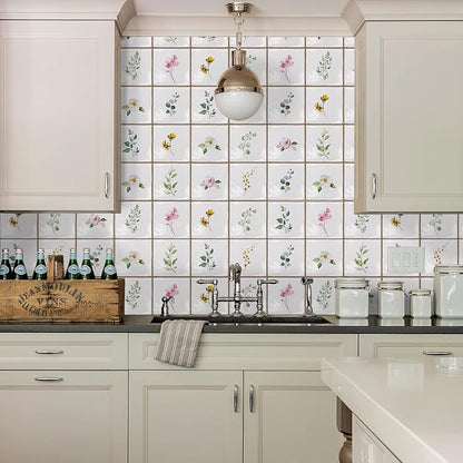 Alwayspon Vinyl Sticker Peel and Stick, Self-Adhesive Wall Tile Transfers Backsplash Sticker Decal for Kitchen Bathroom, 6x6inch/15x15cm 30Pcs, Leaves T031