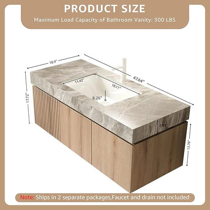 48” Floating Bathroom Vanity with Sink, Wall-Mounted Cabinet with Drawer & Doors, Gray Travertine-Pattern Sintered Stone Top, Undermount Basin, Single Faucet Hole, Soft-Close, Pre-Assembled, Light Oak