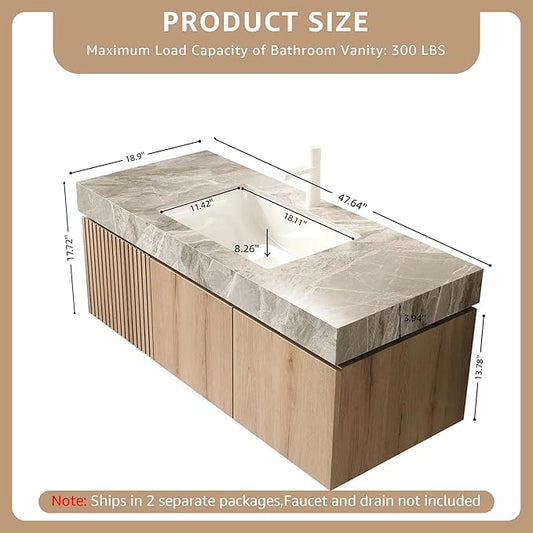 48” Floating Bathroom Vanity with Sink, Wall-Mounted Cabinet with Drawer & Doors, Gray Travertine-Pattern Sintered Stone Top, Undermount Basin, Single Faucet Hole, Soft-Close, Pre-Assembled, Light Oak