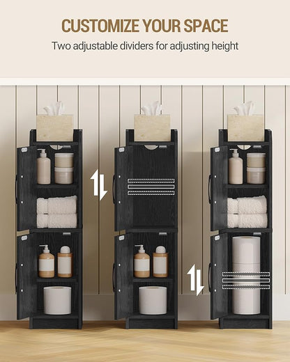 Bathroom Storage Cabinet, Small Corner Floor Cabinet with Door and Shelves, Narrow Bathroom Organizer and Paper Storage with Adjustable Shelves, for Small Spaces, Black BC27004X