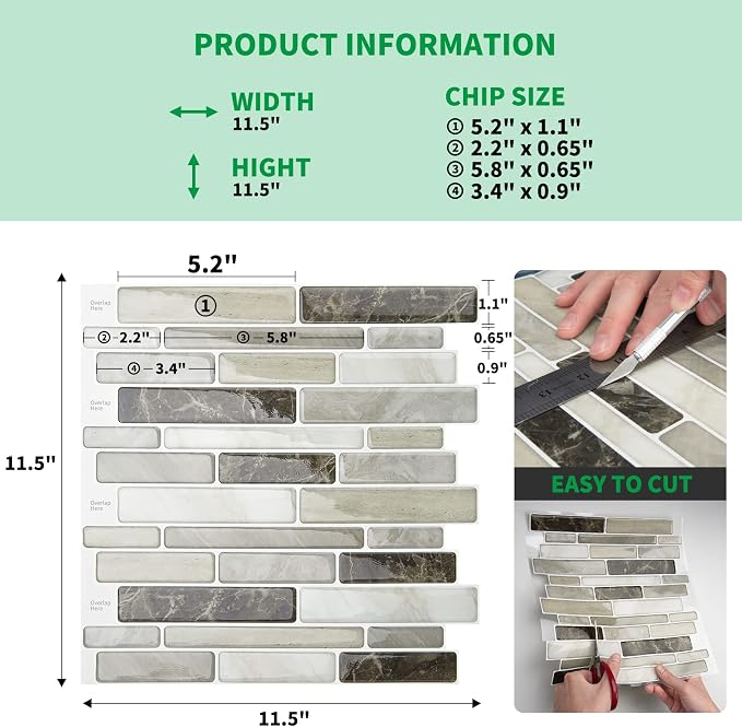 LONGKING Self-Adhesive Kitchen Backsplash, Marble Look Decorative Tiles (10 Tiles) (Light Brown) | Peel and stick backsplash, self-adhesive wall tile, Light Brown, marble, waterproof, kitchen bathroom wall, 10 tiles