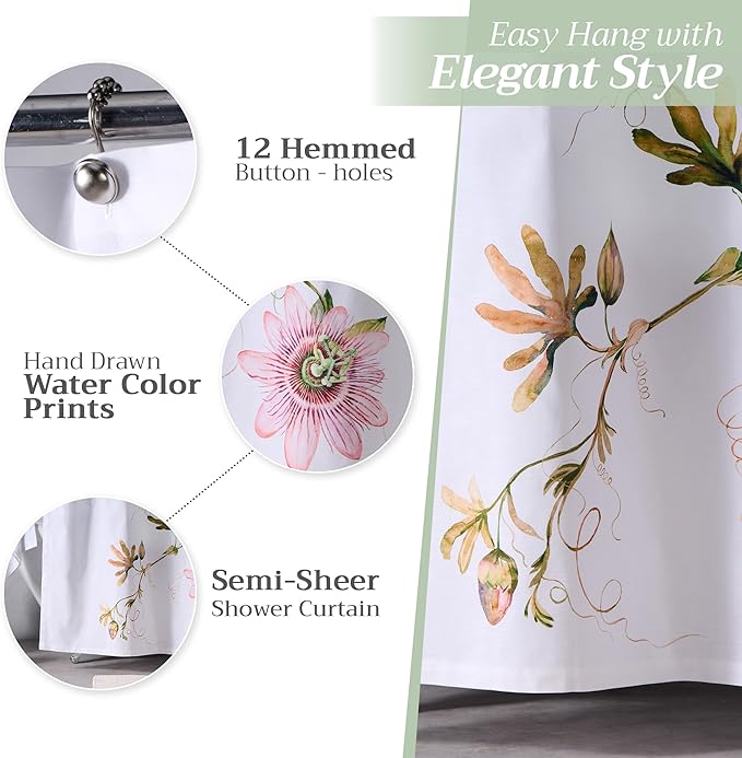 Maison d' Hermine Shower Curtain 100% Cotton One Panel 70"x72" Washable Fabric Shower Curtains for Bathroom, Easy Hanging with 12 Button Holes - Home Hotel Spa Easter Gifts (Passion - White)