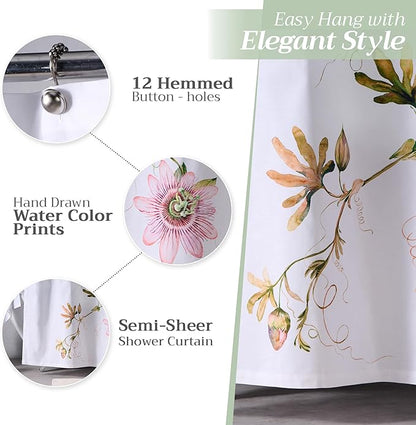 Maison d' Hermine Shower Curtain 100% Cotton One Panel 70"x72" Washable Fabric Shower Curtains for Bathroom, Easy Hanging with 12 Button Holes - Home Hotel Spa Easter Gifts (Passion - White)