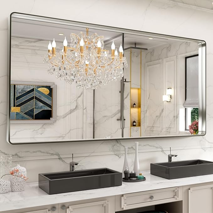 LOAAO 72X40 Inch Brushed Nickel Bathroom Mirror | Rounded Rectangle, Silver Metal Frame, Anti-Rust, Hangs Horizontally or Vertically, Tempered Glass