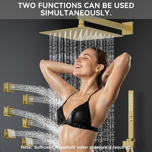 Brushed Gold Shower System with Body Jets, STARBATH 12 Inch Rainfall Shower System and 2 in 1 Handheld Spray Shower Jets System in Wall, Complete Wall Mounted 3 Way Shower Faucet Set with Valve Kit