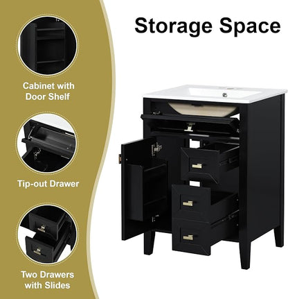 Merax 24 Inch Bathroom Vanities with Undermount Ceramic Sink, Tip-Over Drawer and Side Drawers, Soft Closing Door with Shelf, Solid Wood Frame, Black