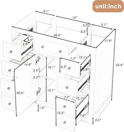 36" Bathroom Vanity Without Sink, Base Only,One Cabinets and Six Drawers,Wood Set Frame W/Adjustable Shelf,Water, Stain Proof,White