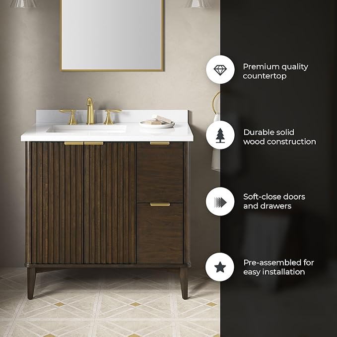 OVE Decors Indy 36 in. Undermount Single Sink Bathroom Vanity with White Engineered Marble Top, Dark Walnut