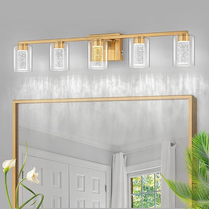 SineRise 5-Light Gold Vanity Light with 3 Color Modes (3000K/4000K/6000K), Eye Protection LED Bathroom Light Fixture, Dimmable Modern Wall Light Over Mirror with Clear Glass Shade