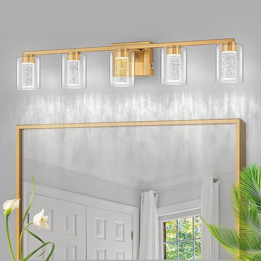 SineRise 5-Light Gold Vanity Light with 3 Color Modes (3000K/4000K/6000K), Eye Protection LED Bathroom Light Fixture, Dimmable Modern Wall Light Over Mirror with Clear Glass Shade