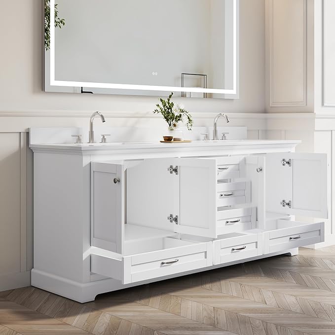 WELLFOR 80 Inch Bathroom Vanity with Double Sinks, Solid Wood Bathroom Vanity W/4 Soft-Close Doors and 6 Drawers, Cultured Marble Countertop Bathroom Vanities W/Sinks, White