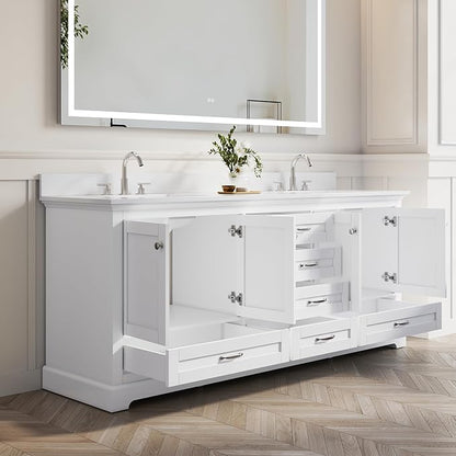 WELLFOR 80 Inch Bathroom Vanity with Double Sinks, Solid Wood Bathroom Vanity W/4 Soft-Close Doors and 6 Drawers, Cultured Marble Countertop Bathroom Vanities W/Sinks, White