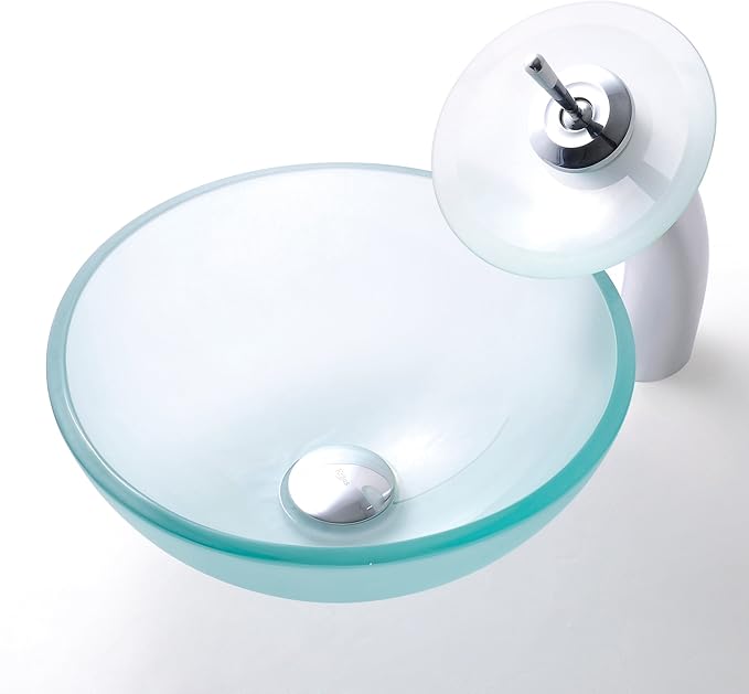 Kraus Frosted 14" Glass Vessel Bathroom Sink with PU-MR Satin Nickel