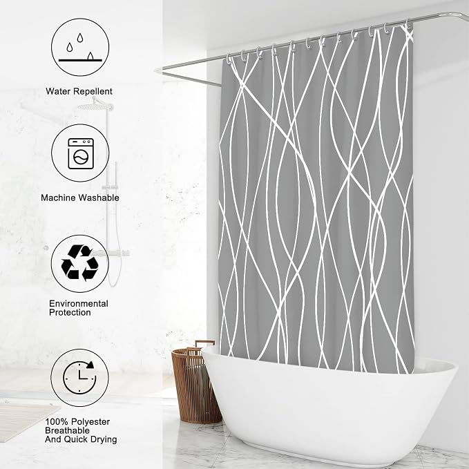 Striped Shower Curtain for Bathroom, Charcoal Grey, 72" W x 72" L | with Hooks, Modern Hotel Style, Water Repellent, Washable, Weighted Hem