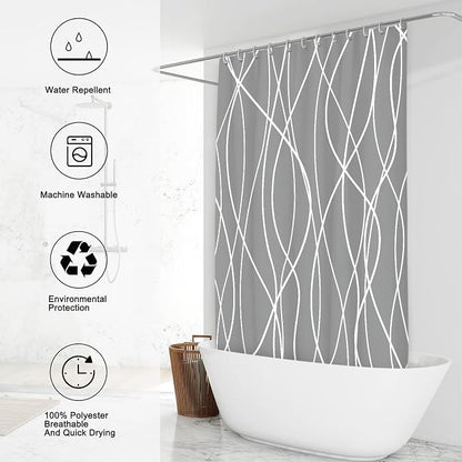 Striped Shower Curtain for Bathroom, Charcoal Grey, 72" W x 72" L | with Hooks, Modern Hotel Style, Water Repellent, Washable, Weighted Hem