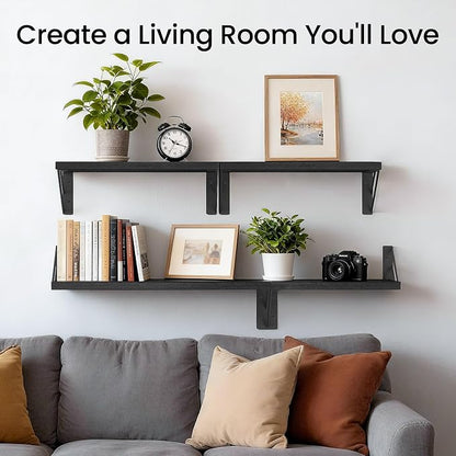 BAYKA Wall Mounted Floating Bathroom Shelves, Wood Wall Shelf for Bathroom Essentials & Decor, Space-Saving Display & Organizer (Black, Set of 4)