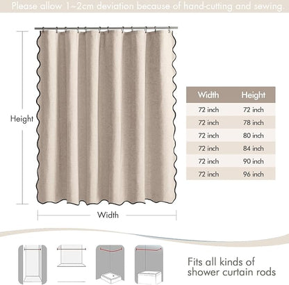 MIULEE 72"x90" Extra Long Scalloped Linen Shower Curtain Beige | Linen Textured, Waterproof, Washable, 12 Metal Hooks, Heavy Duty Cloth, Black Border, Shower Curtain for Bathroom Bathtub