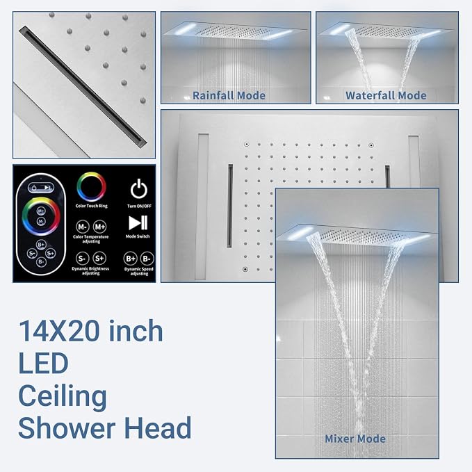 Temperature Display Shower System Brushed Nickel Shower Faucet Set with 14X20 inch Ceiling Shower(Rainfall & Waterfall Modes), with Handheld Spray