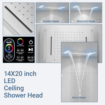 Temperature Display Shower System Brushed Nickel Shower Faucet Set with 14X20 inch Ceiling Shower(Rainfall & Waterfall Modes), with Handheld Spray