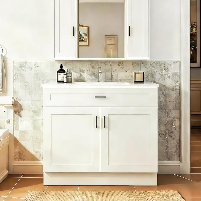 36 Inch Bathroom Vanity with Ceramic Sink, White Freestanding Double-Door Cabinet, Heavy-Duty & Easy-Clean