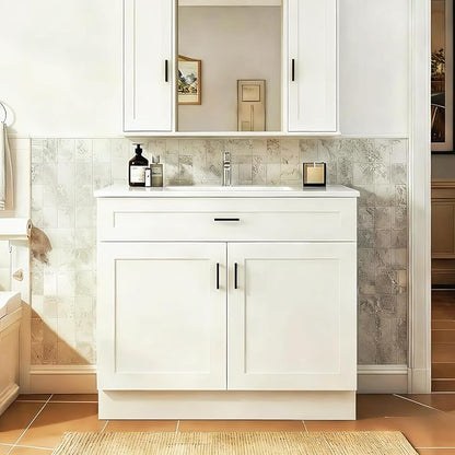 36 Inch Bathroom Vanity with Ceramic Sink, White Freestanding Double-Door Cabinet, Heavy-Duty & Easy-Clean
