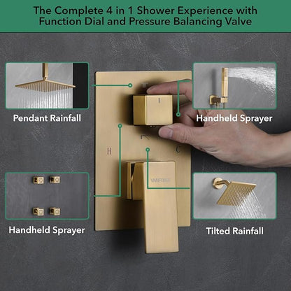 VANFOXLE Shower Faucet Set Brushed Gold Shower System,Four Modes Shower Faucet with 2 in 1 Handheld,Ceiling Mount 10 Inch Shower Head with 6 Inch Shower Head, 4 PCS Dual Modes Body Jets