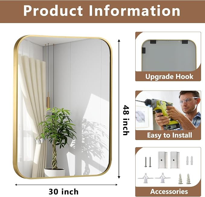 Brushed Gold Mirror, 48"x30" Rectangle Bathroom Mirror, Metal Frame Rectangle Corner Vanity Mirror, Wall Mounted Mirror for Modern, Living Room, Bedroom, Horizontal Or Vertical
