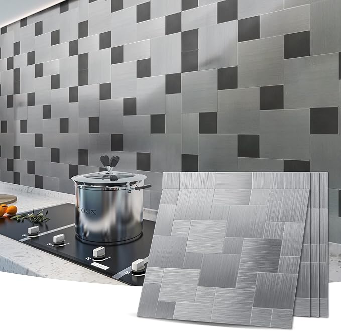 Art3d Metal Peel and Stick Backsplash Tile, 10-Pack, Brushed Silver | Stainless Steel, Self Adhesive, Waterproof, Durable, Seamless Splicing, Ideal for Kitchens, Bathrooms