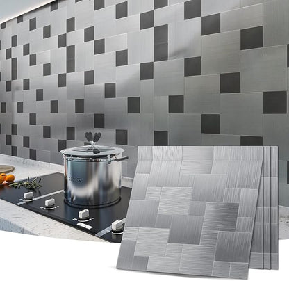 Art3d Metal Peel and Stick Backsplash Tile, 10-Pack, Brushed Silver | Stainless Steel, Self Adhesive, Waterproof, Durable, Seamless Splicing, Ideal for Kitchens, Bathrooms