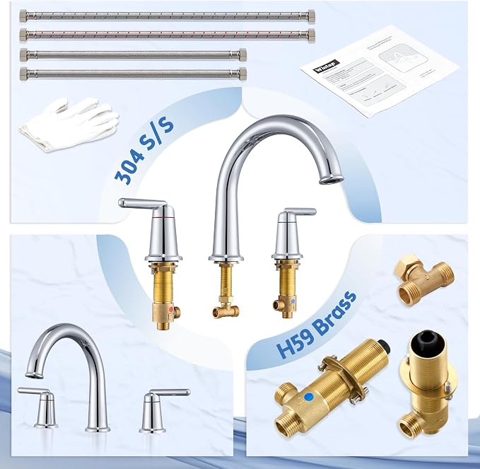 Roman Tub Faucet 3 Hole Deck Mount Tub Filler High Flow Chrome | With Ceramic Valve, Solid Brass, High Arch Bathtub Faucet, 2-Handle Design, Widespread Mount, Garden Bath Tub Faucet
