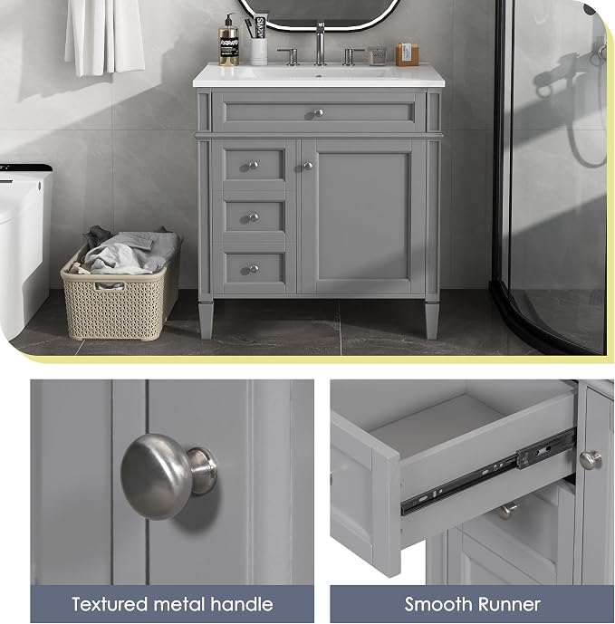 Merax 30 inch Bathroom Vanity with Ceramic Sink, Solid Wood Frame Modern Bathroom Sink Storage Cabinet with 2 Drawers and a Tip-Out Drawer, Single Sink Bathroom Vanities, Grey