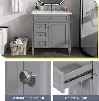 Merax 30 inch Bathroom Vanity with Ceramic Sink, Solid Wood Frame Modern Bathroom Sink Storage Cabinet with 2 Drawers and a Tip-Out Drawer, Single Sink Bathroom Vanities, Grey